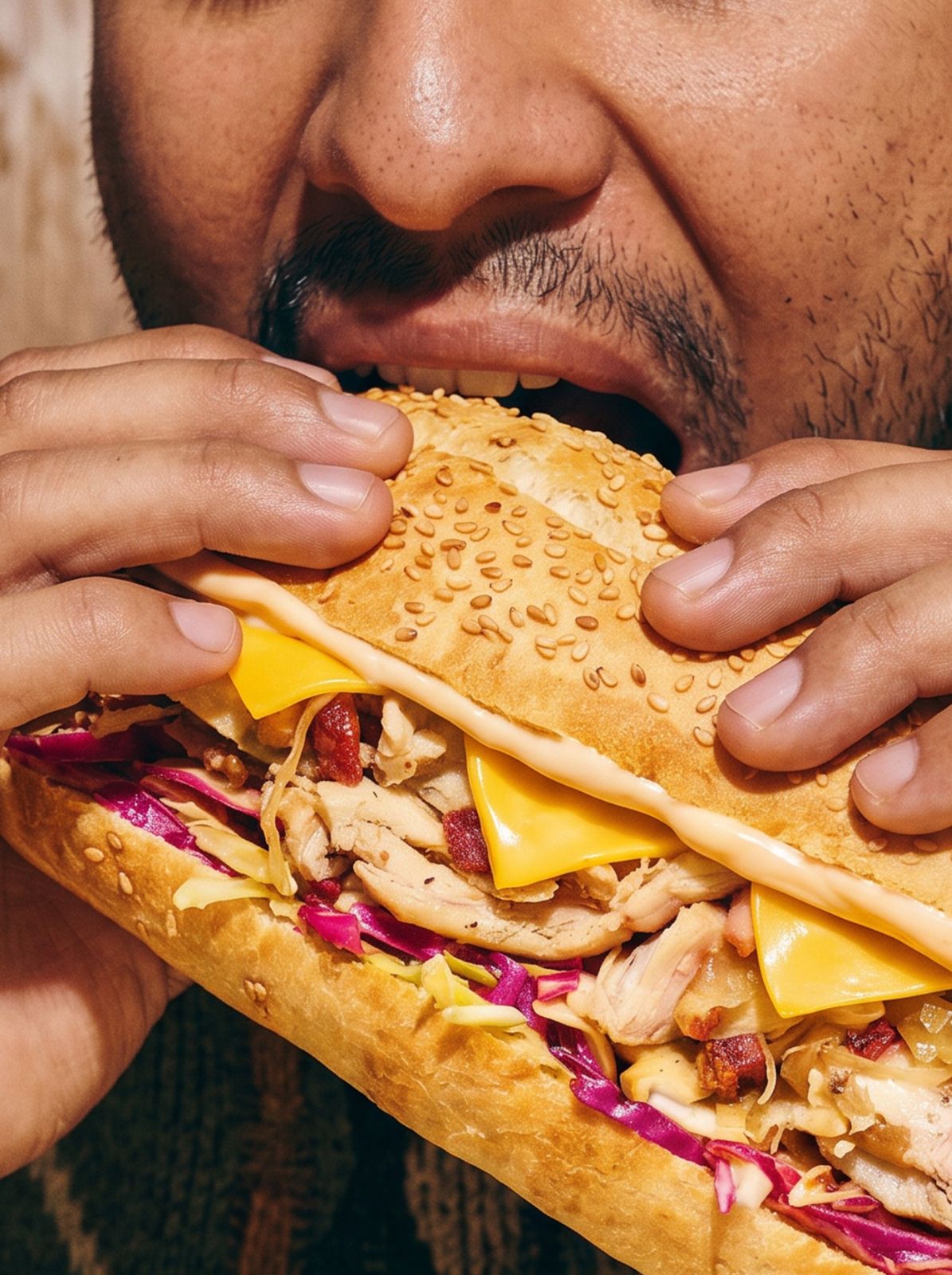 Persona mordiendo un sándwich de pollo con queso cheddar