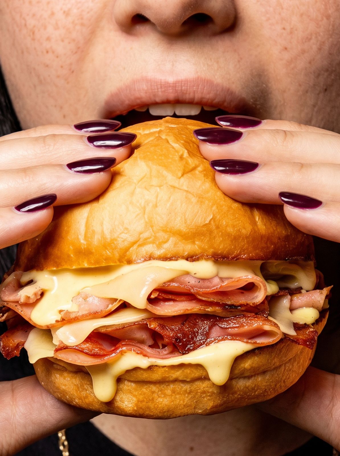 Persona mordiendo un sándwich de jamón y queso fundido
