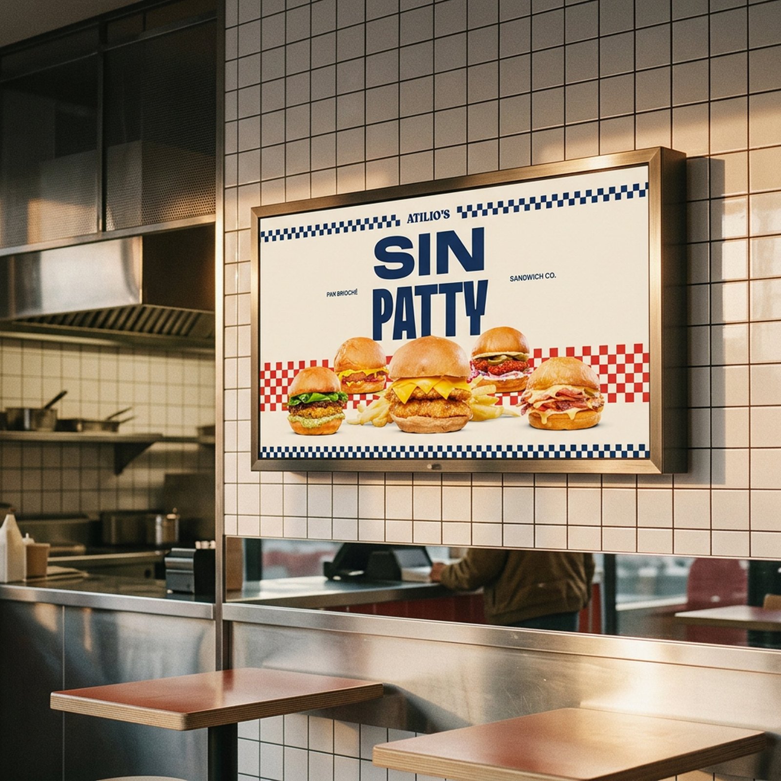 Pantalla del local de Atilio's con la campaña Sin Patty