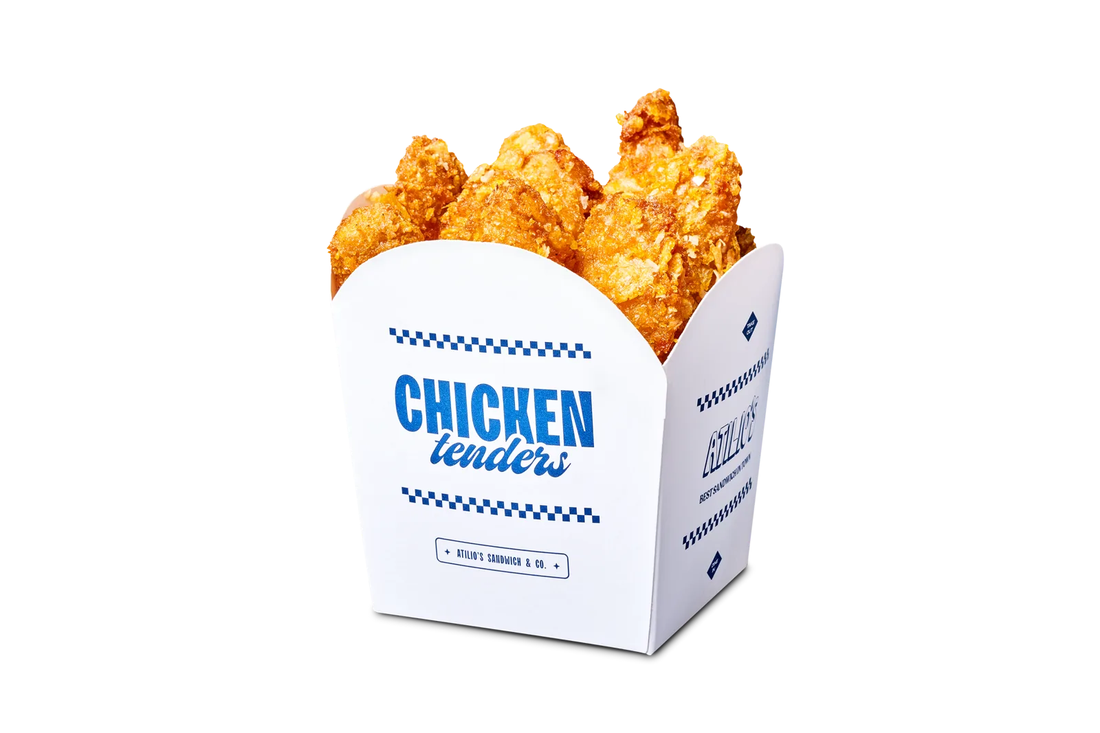 Caja de chicken tenders con la identidad de Atilio's