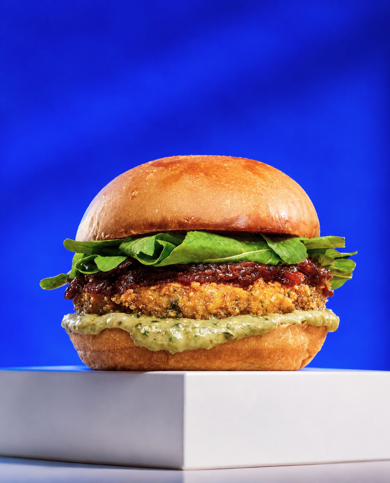 Hamburguesa veggie sobre fondo azul