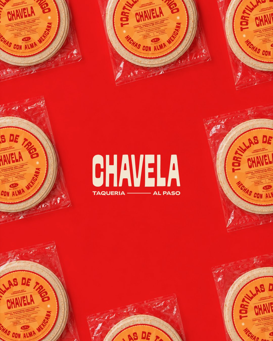 Logotipo de Chavela, taquería al paso, rodeado de paquetes de tortillas sobre fondo rojo