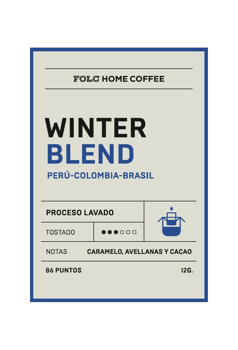Diseño del drip bag Winter Blend, en azul