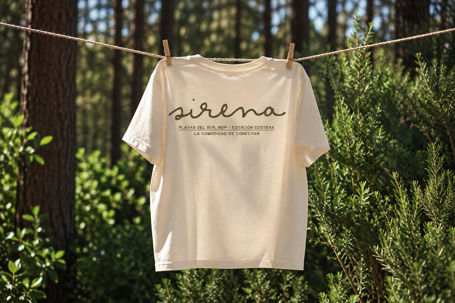 Remera con el logotipo colgada entre pinos